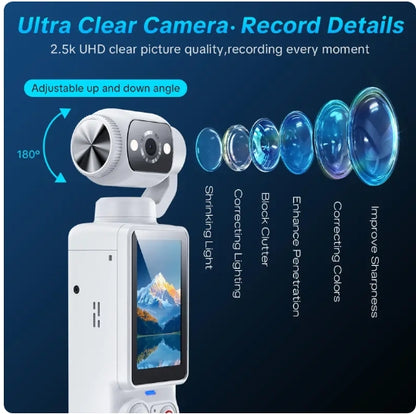 W&O Portable 2.5K Ultra HD Video Recorder with 180° Rotating Lens, Handheld Stabilizer Pocket Camera, Full Body Camera for Vlogging, Travel & Daily Life Recording, USB Rechargeable, Black, Vlogging Camera, Modern Gadget, Durable Construction, Camcorder