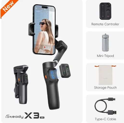 hohem iSteady X3 SE Gimbal Stabilizer for iPhone, Smartphone Foldable Gimbal with Detachable Remote Control, Portable Foldable 3-Axis Phone Gimbal for Android & iPhone17 series, Ideal for Travel Vlogging