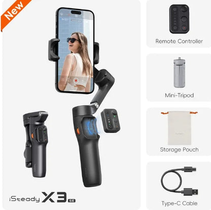 hohem iSteady X3 SE Gimbal Stabilizer for iPhone, Smartphone Foldable Gimbal with Detachable Remote Control, Portable Foldable 3-Axis Phone Gimbal for Android & iPhone17 series, Ideal for Travel Vlogging